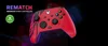 A red advanced wired controller with black accents, featuring Xbox buttons, set against a dark background.