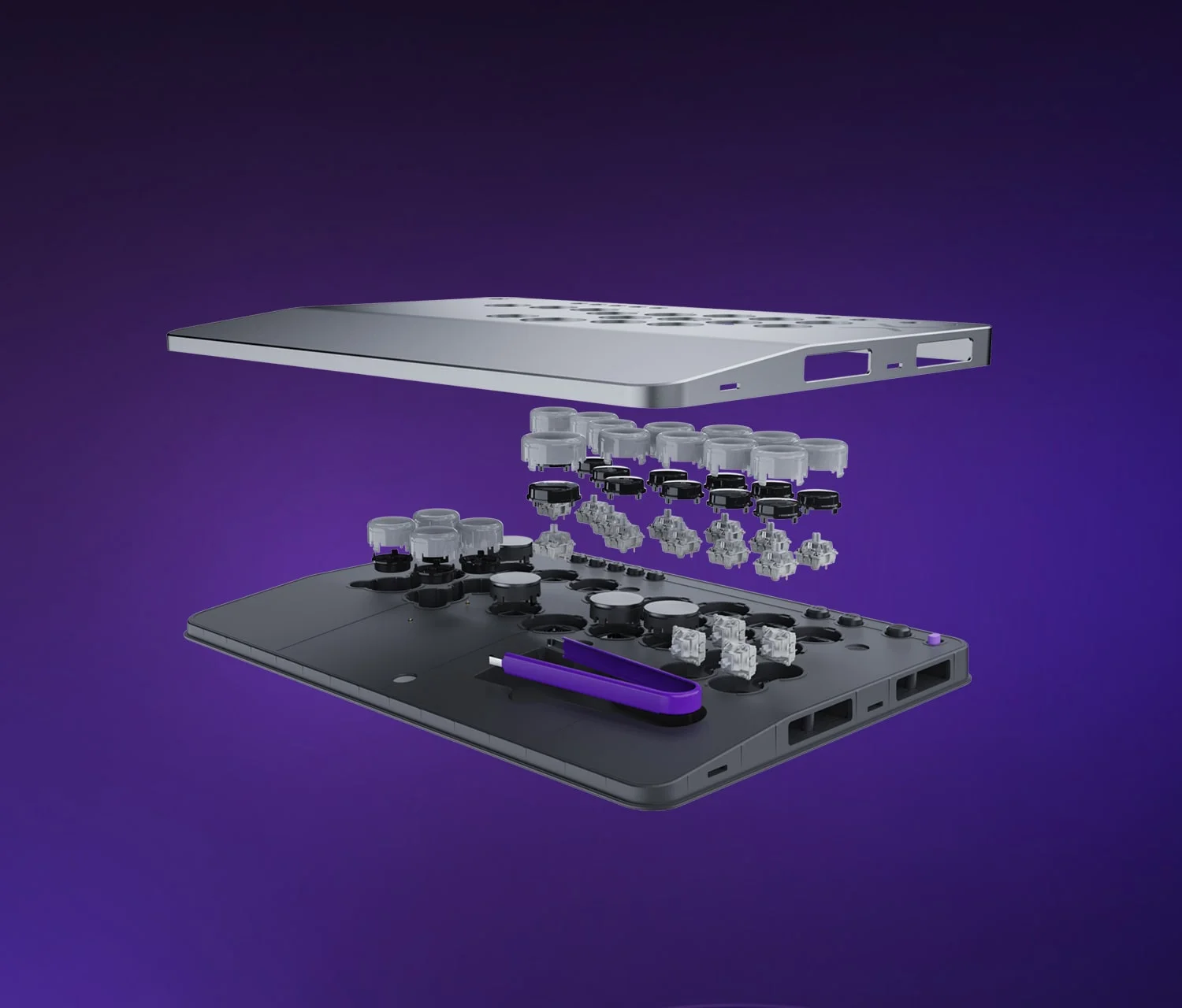 Close-up of removable aluminum faceplate and button layout.