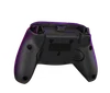 A black gaming controller viewed from the back, featuring buttons and grips, with a subtle purple glow around it.