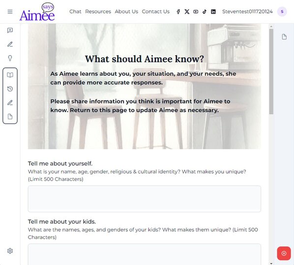 My-Story give Aimee context  about your life to better support you as an AI-companion.