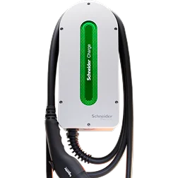 Chargeur pour véhicules électriques Schneider Charge à profil arrondi affichant un indicateur d’état lumineux vert.