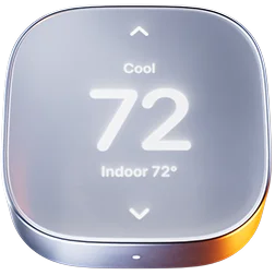 Square silver smart thermostat displaying a temperature of 72 degrees.