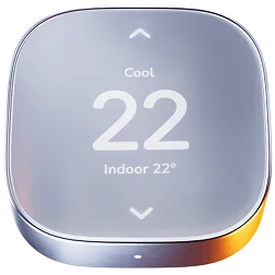  Square silver smart thermostat displaying a temperature of 22 degrees.