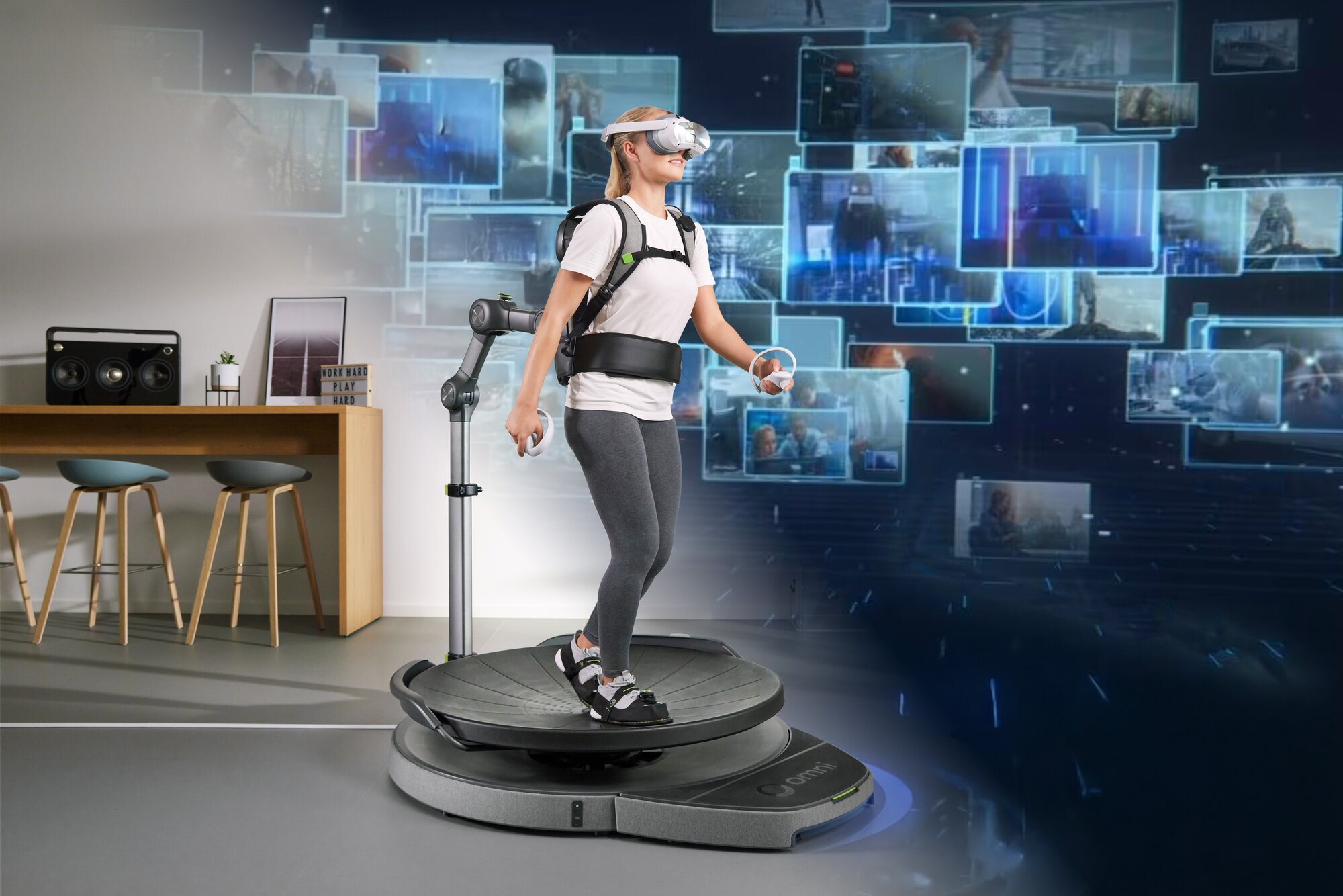 A father and son play VR in an Omni Arena.