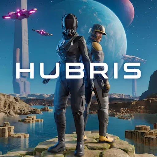 The art for the VR game Hubris, showing 2 characters standing next to each other on a sci-fi themed planet with spaceships behind them.