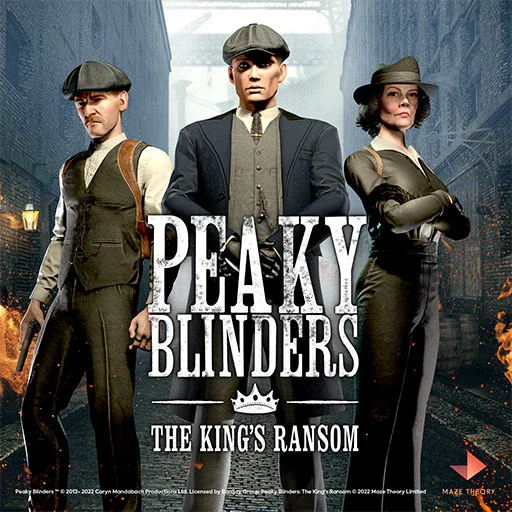 Art for the game Peaky Blinders showing three characters from the game standing side-by-side dressed in garb from that time period.