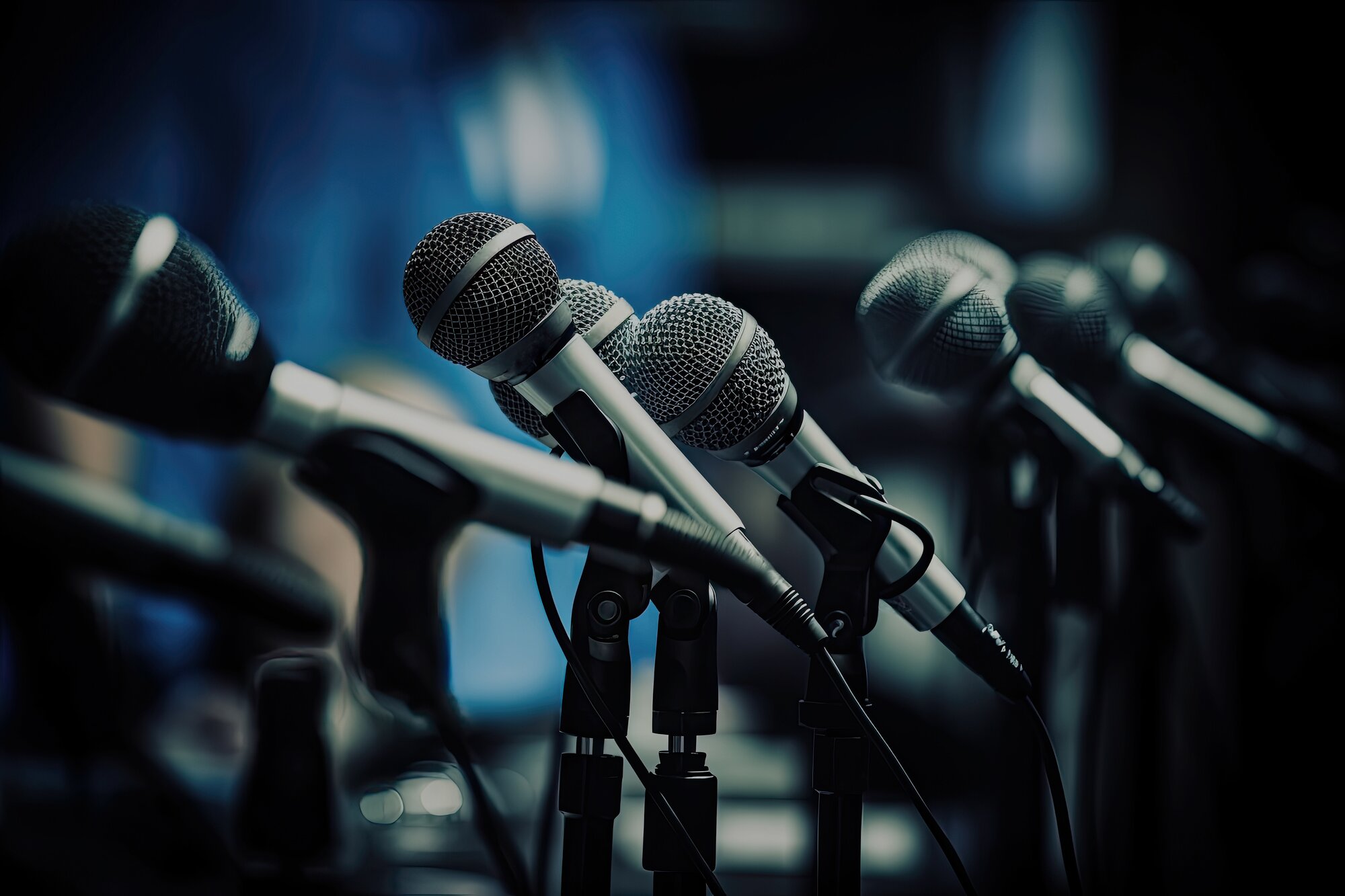 A close up of several microphones in microphone stands.