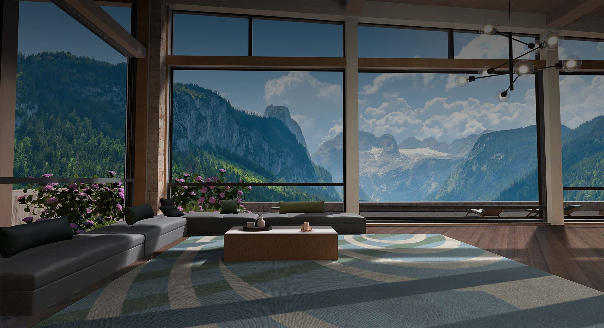 A scene created in VR showing a large home with windows with a beautiful view of mountains and forests.