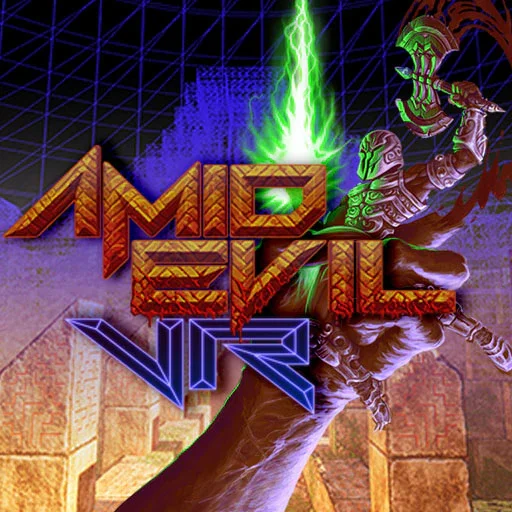 Art for the game Amid Evil, showing a character from the game holding a battle axe while being held by a large monstrous hand.