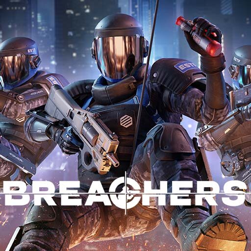 Art for the game Breachers showing three characters repelling down a building holding weapons.