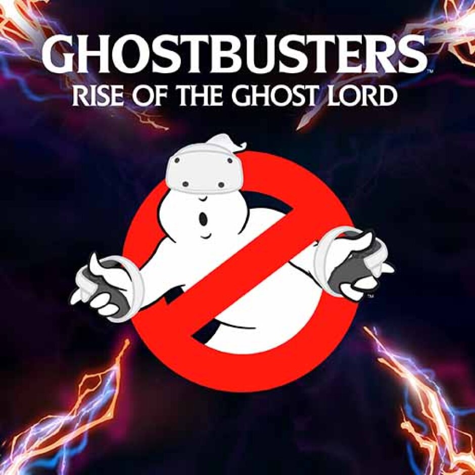 The logo for the Ghostbusters VR game showing a ghost with a VR headset on behind a restricted symbol.