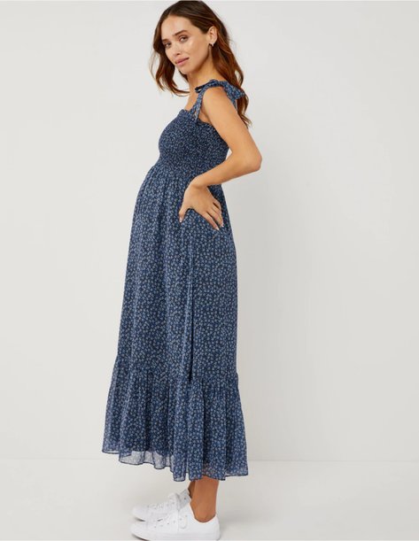 Smocked Bodice Sleeveless Midi Maternity Dress