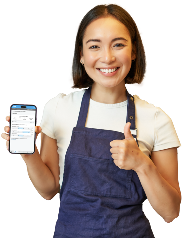 Happy TipHaus Employee Holding up the TipHaus Mobile App on Her Phone