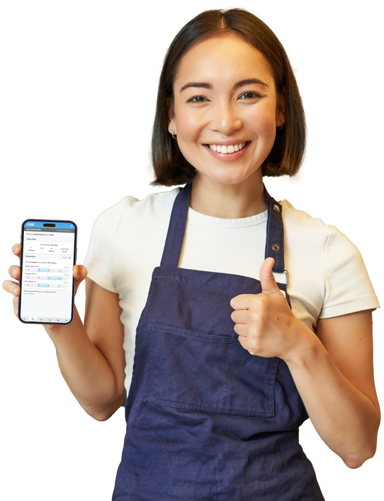 Happy TipHaus Employee Holding up the TipHaus Mobile App on Her Phone