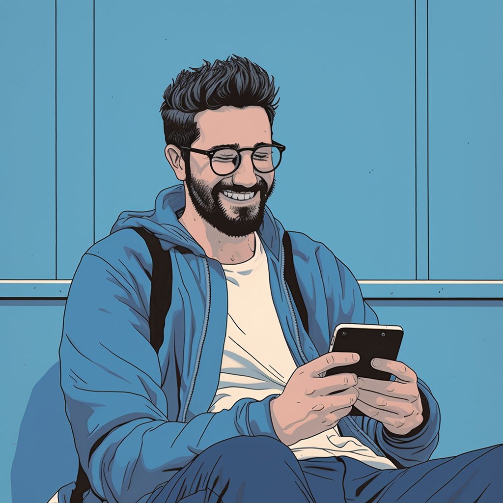 Ein junger Mann schaut lächelnd auf sein Smartphone