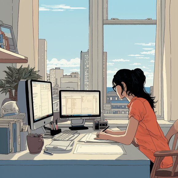 Frau arbeitet am Schreibtische vor einem großen Fenster mit Blick auf die Stadt