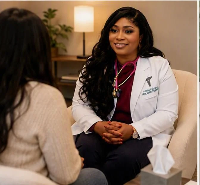 Fatmata Kamara speaking with a patient in the Mindspace office