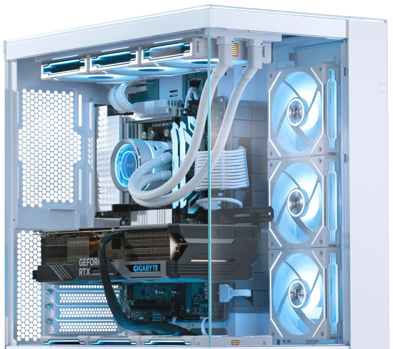 Great North, top-of-the-line gaming desktop with Lian Li Liquid Cooling, ASUS ROG Strix RTX build and configurable RGB lights in sync.