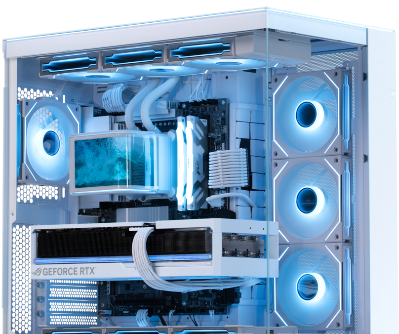 Great North, top-of-the-line gaming desktop with Lian Li Liquid Cooling, ASUS ROG Strix RTX build and configurable RGB lights in sync.