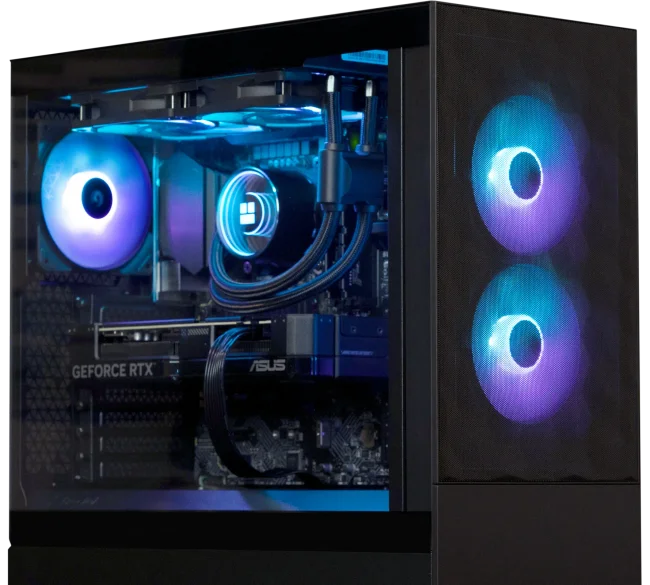 Quoted Tech Frontier Gaming PC with vibrant blue and purple RGB lighting, showcasing its sleek design and high-performance components.