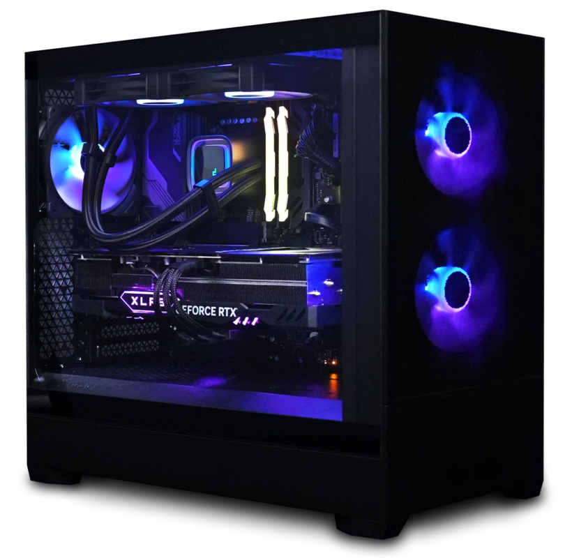 Frontier Gaming Computer with vibrant blue and purple RGB lighting, showcasing its sleek design and high-performance components.