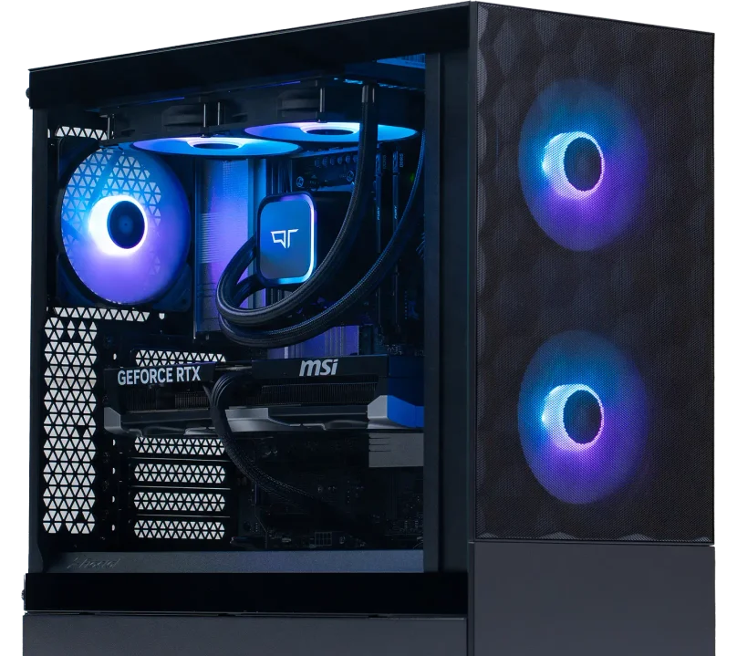 Frontier, a high-performance gaming PC built with RTX graphics, with a liquid cooling setup and customizable RGB.  