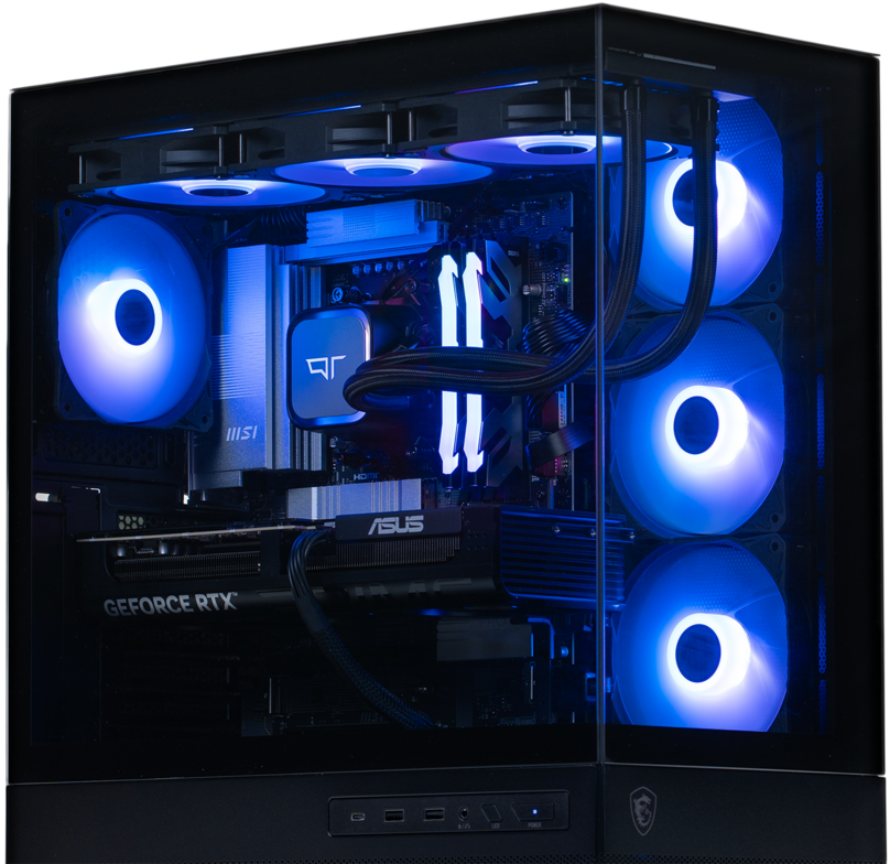 Horizon, a high-performance gaming PC built with RTX graphics, a liquid cooling setup and customizable RGB.  