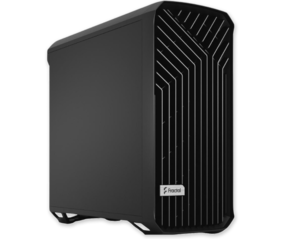 Fractal workstation computer case in all black metal and curved corners, with an elegant detailed front panel.
