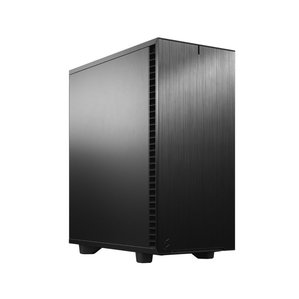 Fractal workstation computer case in all black and all metal with clean straight edges sliver gray/black panel.