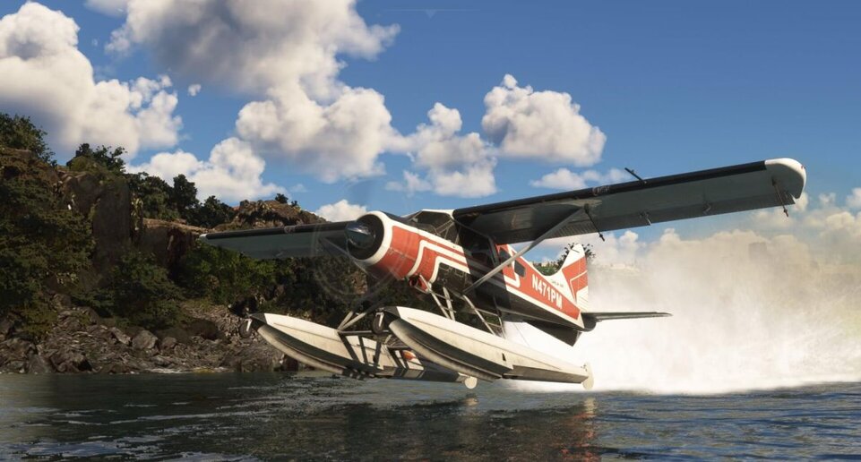 Plane landing on water, video game.