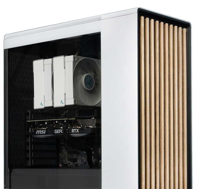 Sleek white exterior and black interior, powerful computer with professional aesthetics, featuring a clear side panel, embodying a blend of professionalism, design, and functionality.