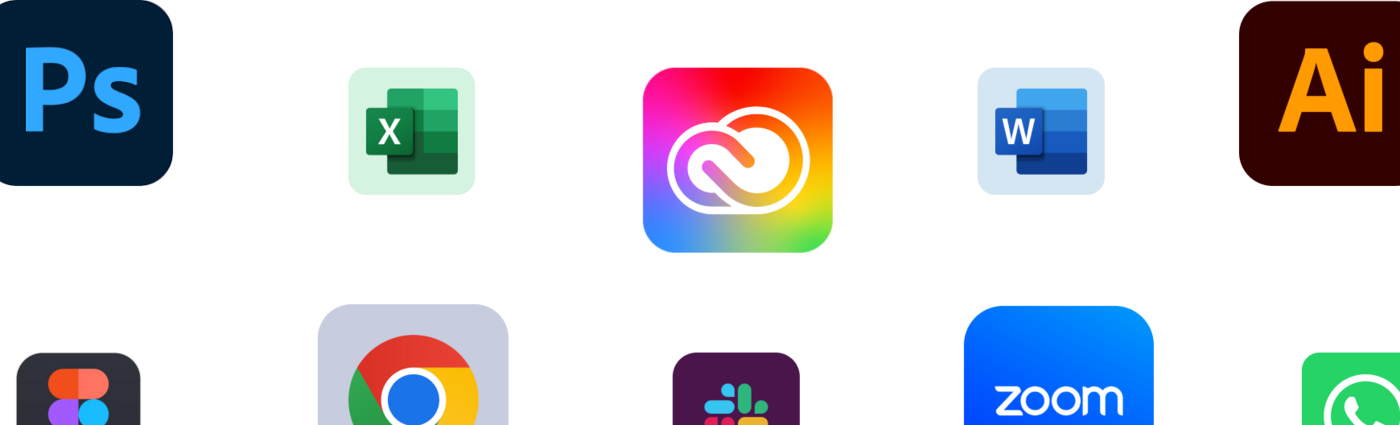 Icons of different applications like Adobe Suite, Word, Figma, and Stack.