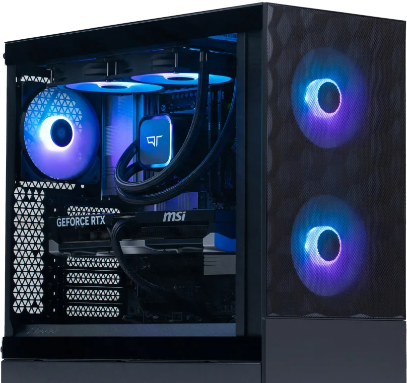 Frontier, a high-performance gaming PC built with RTX graphics, with a liquid cooling setup and customizable RGB.  