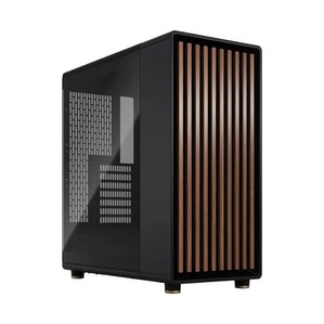 Fractal Workstation computer case in black with tempered glass side panel and clean wood front panel with  slightly rounded edges