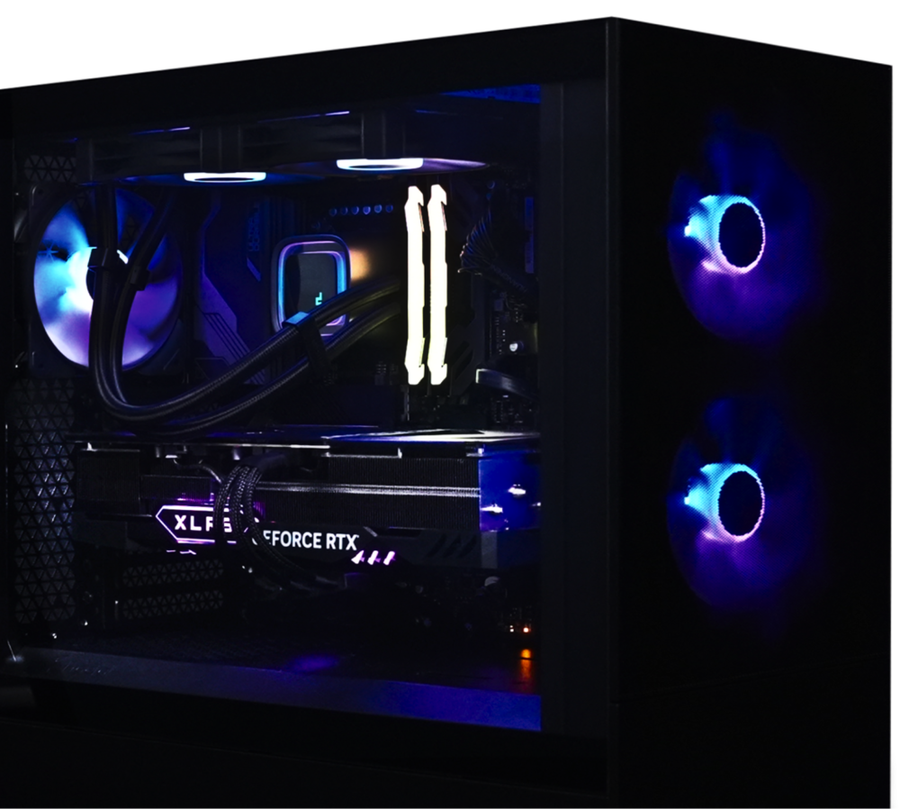 Quoted Tech Frontier Gaming PC with vibrant blue and purple RGB lighting, showcasing its sleek design and high-performance components.
