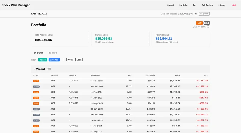 Stock Plan Companion App - Portfolio View