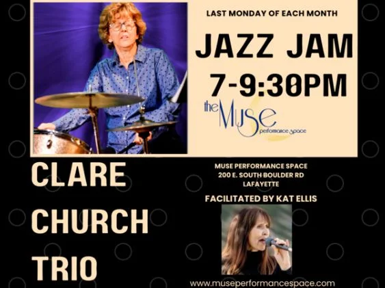 A poster for Muse Jazz Jam with Clare Church Trio event