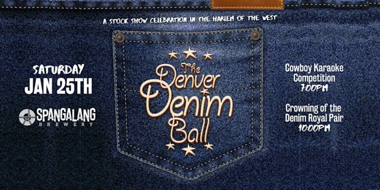 A poster for Denver Denim Ball at Spangalang Brewery event