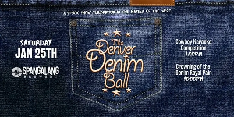 A poster for Denver Denim Ball at Spangalang Brewery event