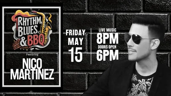 A poster for Rhythm, Blues & BBQ Featuring Nico Martinez event
