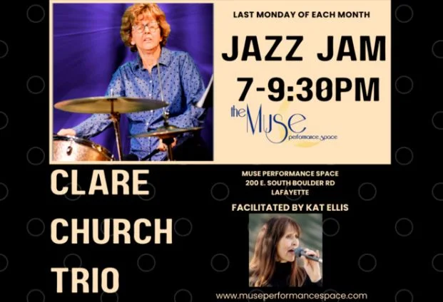 A poster for Muse Jazz Jam with Clare Church Trio event