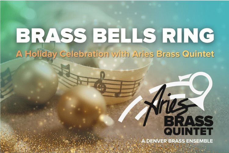 A poster for Brass Bells Ring: A Holiday Celebration with Aries Brass Quintet event