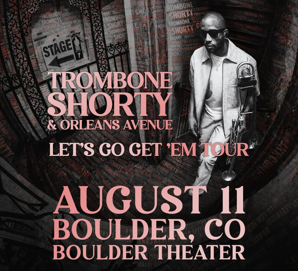A poster for KUVO Presents: Trombone Shorty & Orleans Avenue | Let's Go Get 'Em Tour event