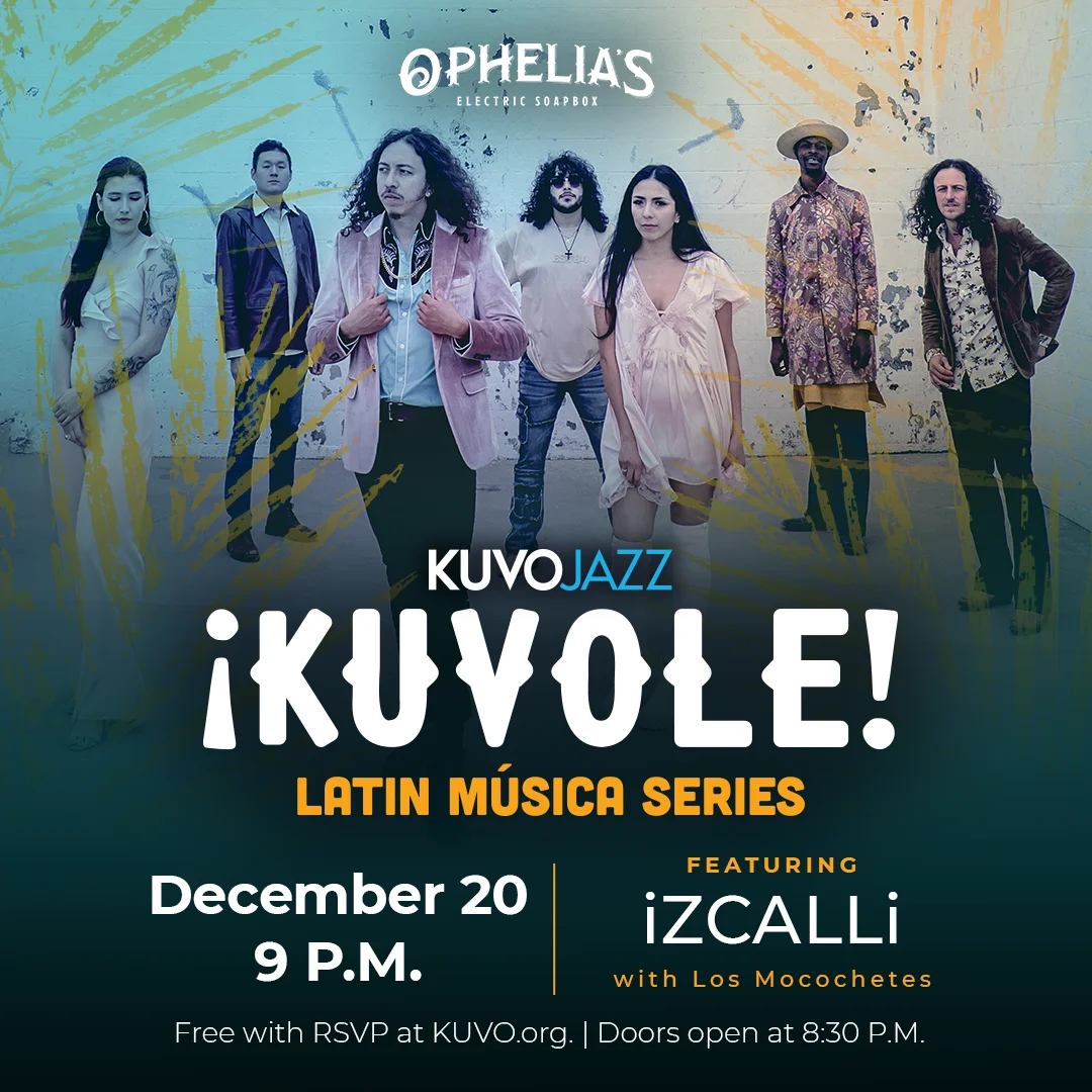A poster for ¡KUVOLÉ! Latin Música Series featuring iZCALLi & Los Mocochetes event