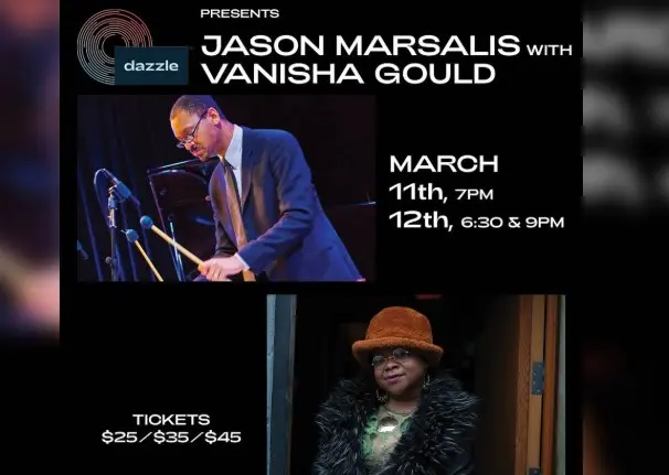 A poster for Jason Marsalis Quartet with Vanisha Gould event