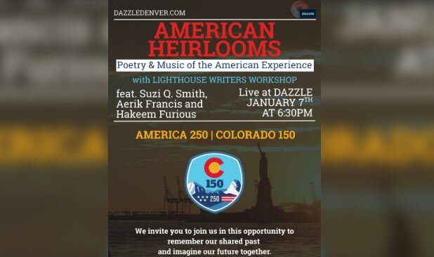 A poster for American Heirlooms: Poetry & Music of the American Experience feat. Suzi Q Smith, Aerik Francis and Hakeem Furious event