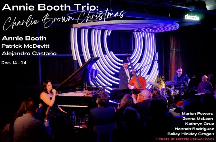 A poster for Annie Booth Trio & Friends: Charlie Brown Christmas event