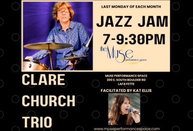 A poster for Muse Jazz Jam with Clare Church Trio event