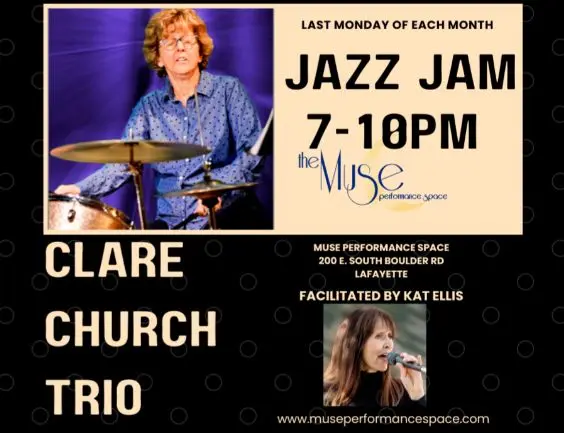 A poster for Muse Jazz Jam with Clare Church Trio event