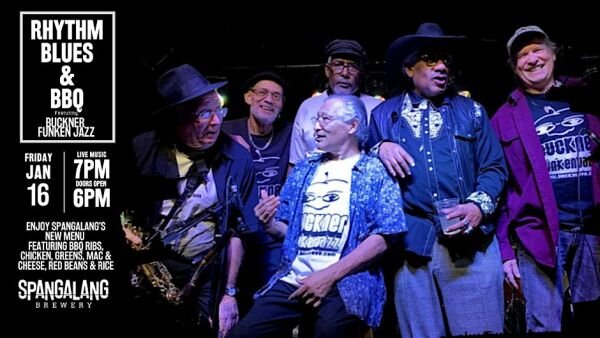 A poster for Rhythm, Blues & BBQ - Buckner Funken Jazz event